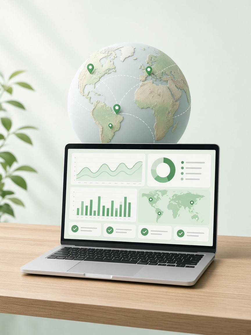 Laptop leads dashboard with global outreach globe